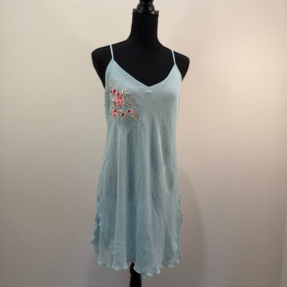 VTG California Dynasty Chemise Slip Dress Size Large Blue Floral Embroidery - Picture 3 of 14